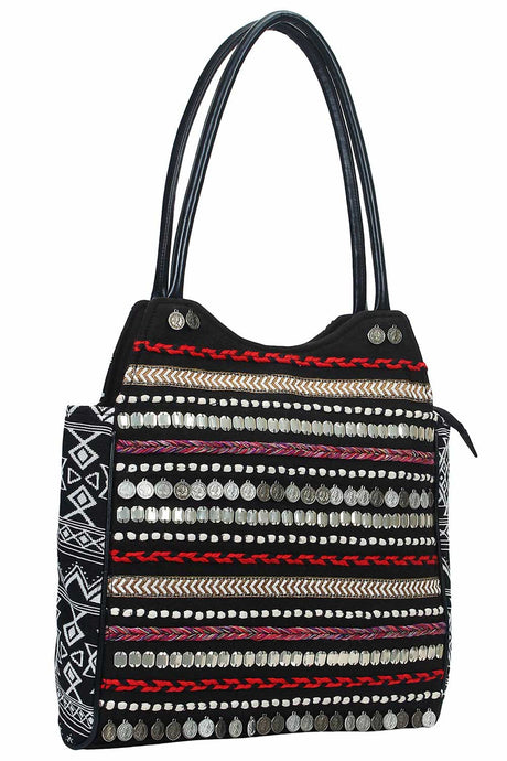 Glitzy Black & Multicolored Jacquard And Cotton Handbag