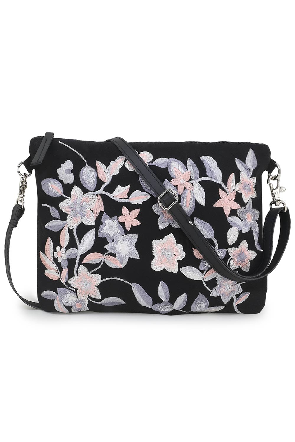 Black & Grey Floral Embroidered Polysuede & Leatherette Sling Bag