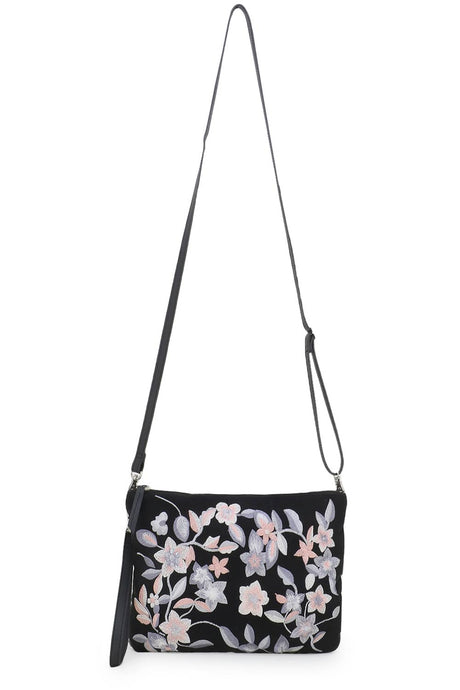 Black & Grey Floral Embroidered Polysuede & Leatherette Sling Bag