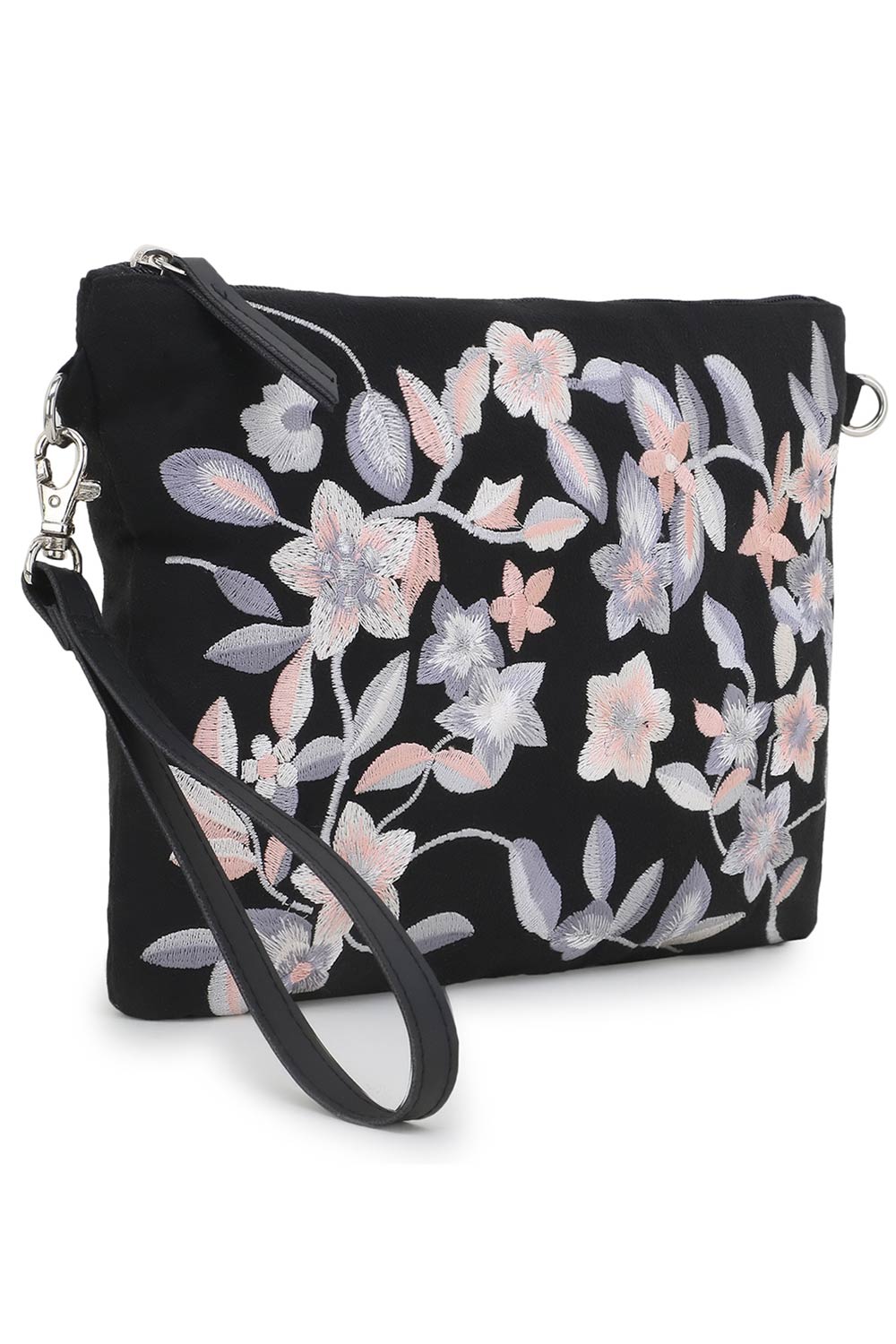 Black & Grey Floral Embroidered Polysuede & Leatherette Sling Bag