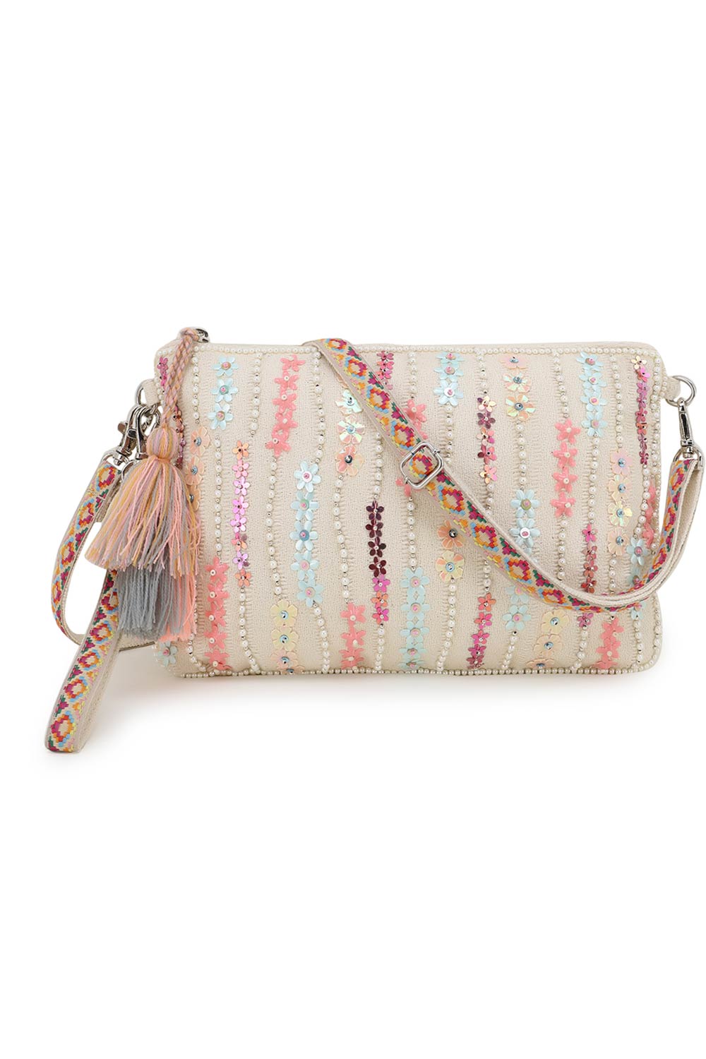 Glid Natural & Pink Striped Sequined Cotton & Leather Sling Bag