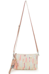 Glid Natural & Pink Striped Sequined Cotton & Leather Sling Bag