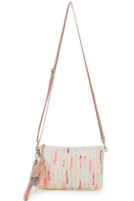 Glid Natural & Pink Striped Sequined Cotton & Leather Sling Bag