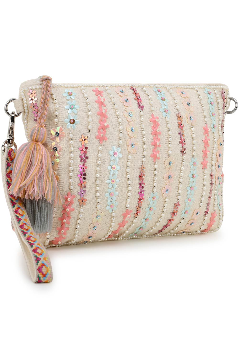 Glid Natural & Pink Striped Sequined Cotton & Leather Sling Bag