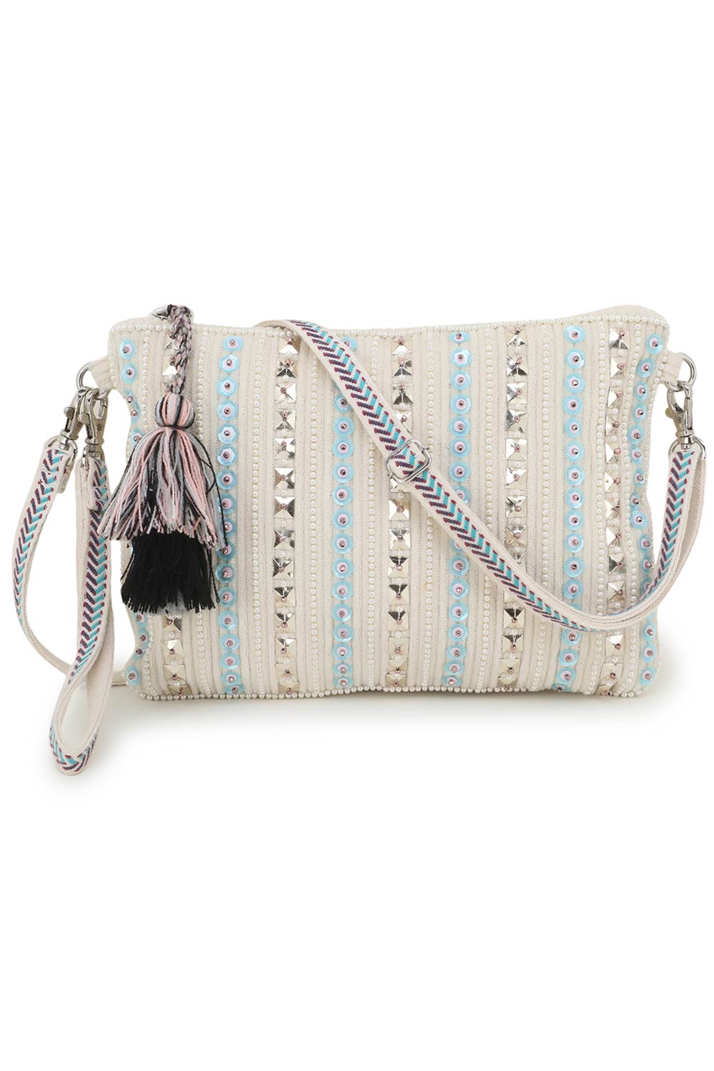 Glid Natural & Blue Striped Sequined Cotton & Leather Sling Bag