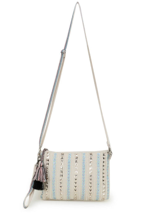 Glid Natural & Blue Striped Sequined Cotton & Leather Sling Bag