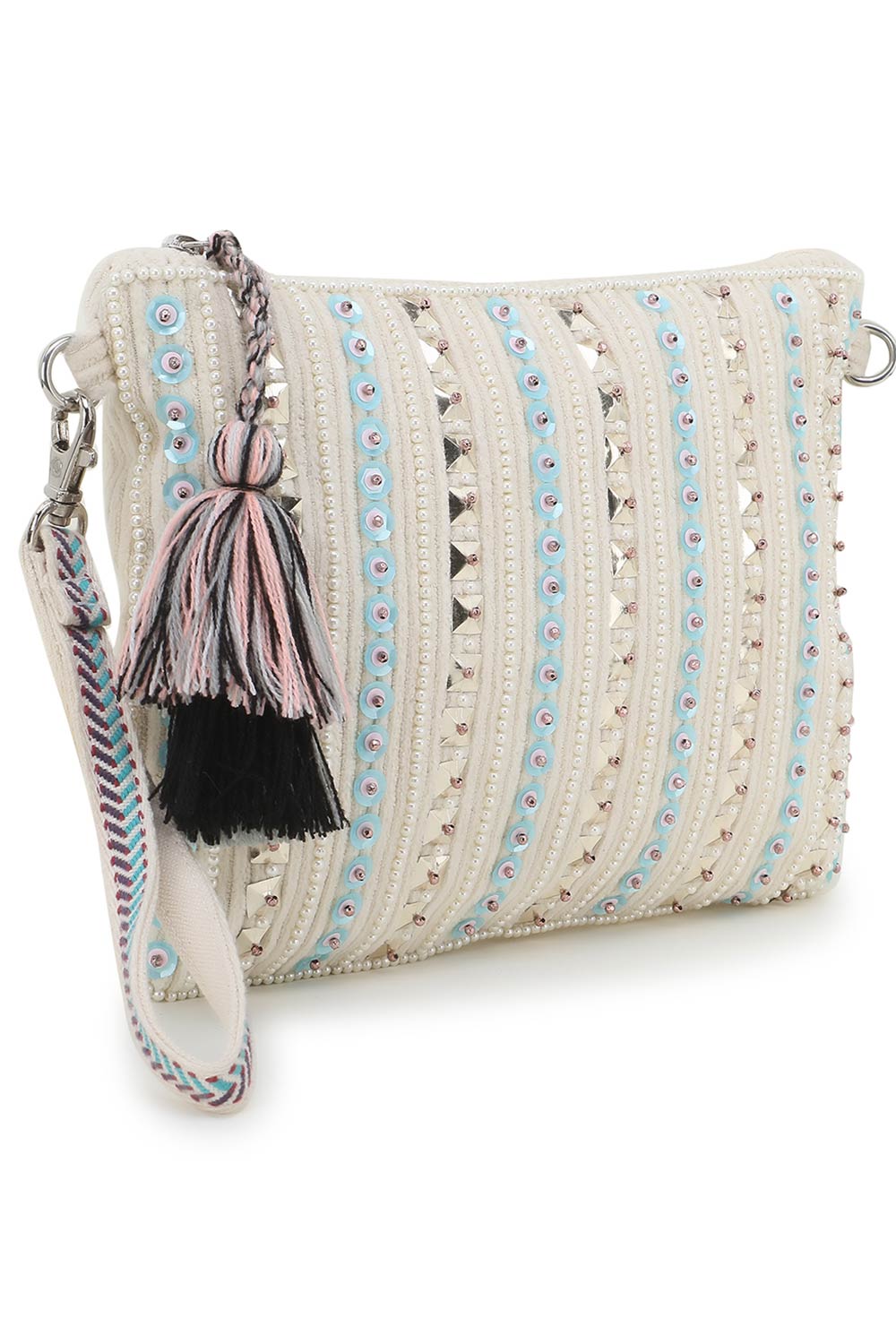 Glid Natural & Blue Striped Sequined Cotton & Leather Sling Bag