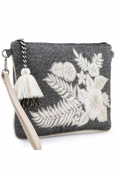 Charcoal & Natural Canvas & Leatherette Floral Embroidered Sling Bag