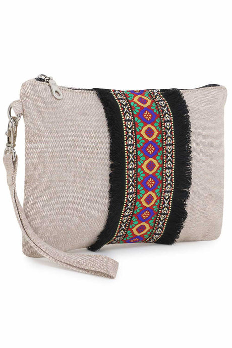 Natural & Multi Cotton Canvas Embroidered Smart Casual Pouch