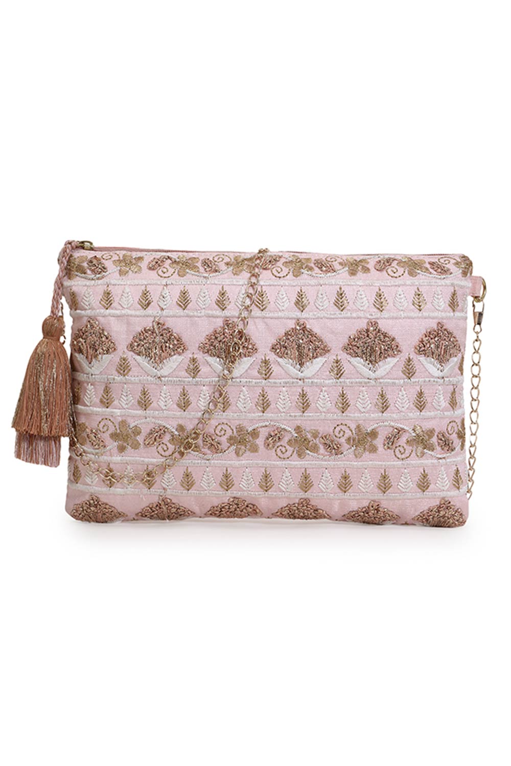 Blush Baby Pink & Gold Faux Silk Floral Embroidered Sling Bag