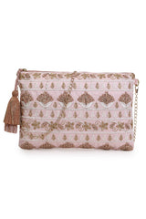 Blush Baby Pink & Gold Faux Silk Floral Embroidered Sling Bag