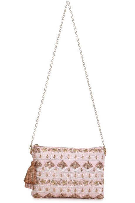 Blush Baby Pink & Gold Faux Silk Floral Emroidered Sling Bag