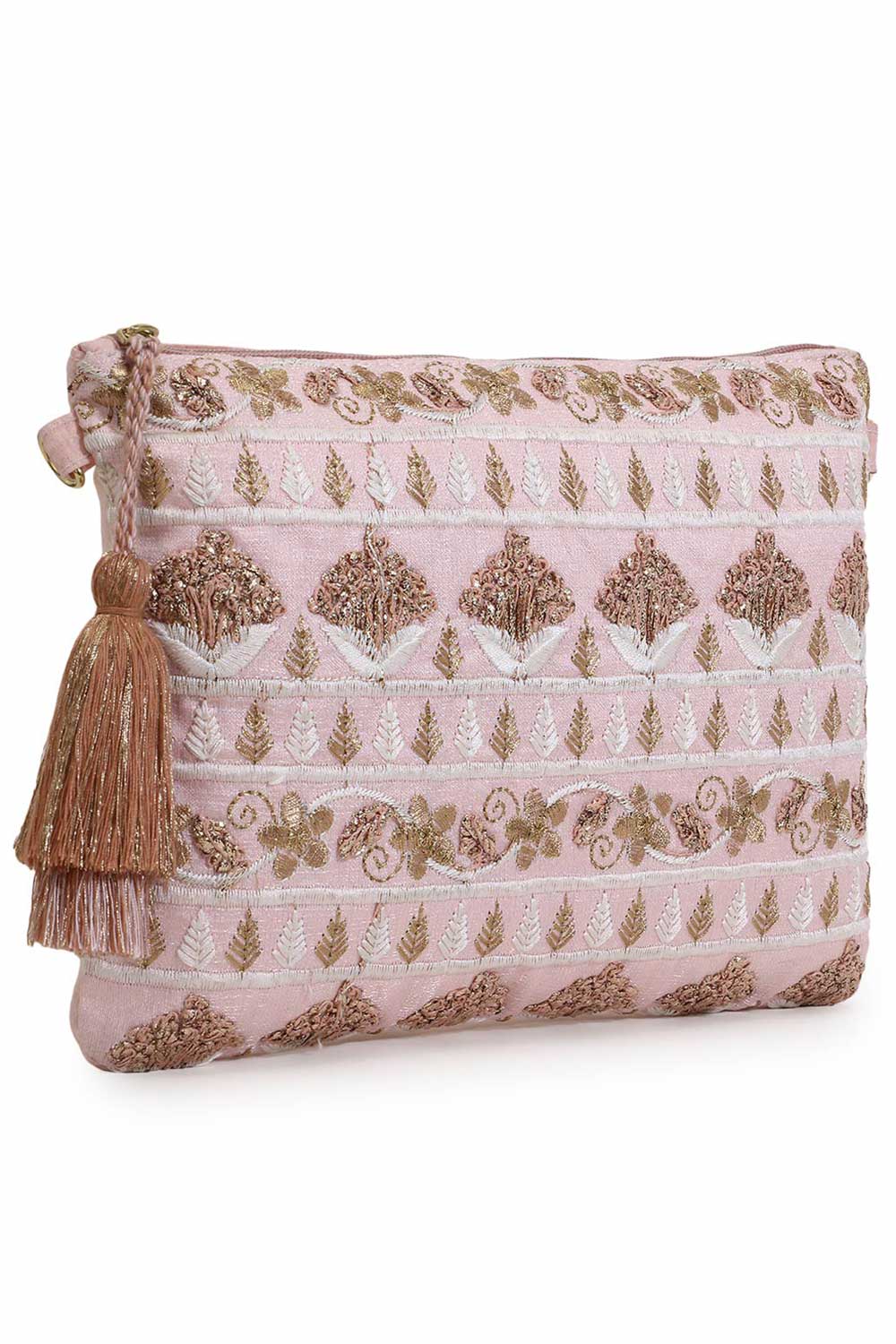 Blush Baby Pink & Gold Faux Silk Floral Embroidered Sling Bag