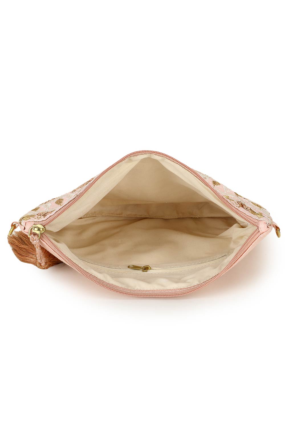 Blush Baby Pink & Gold Faux Silk Floral Embroidered Sling Bag