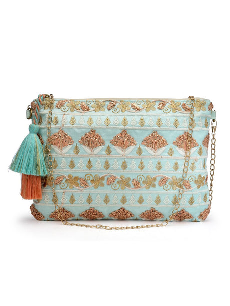 Tribal Aqua And Rose Gold Floral Embroidered Faux Silk Sling Bag
