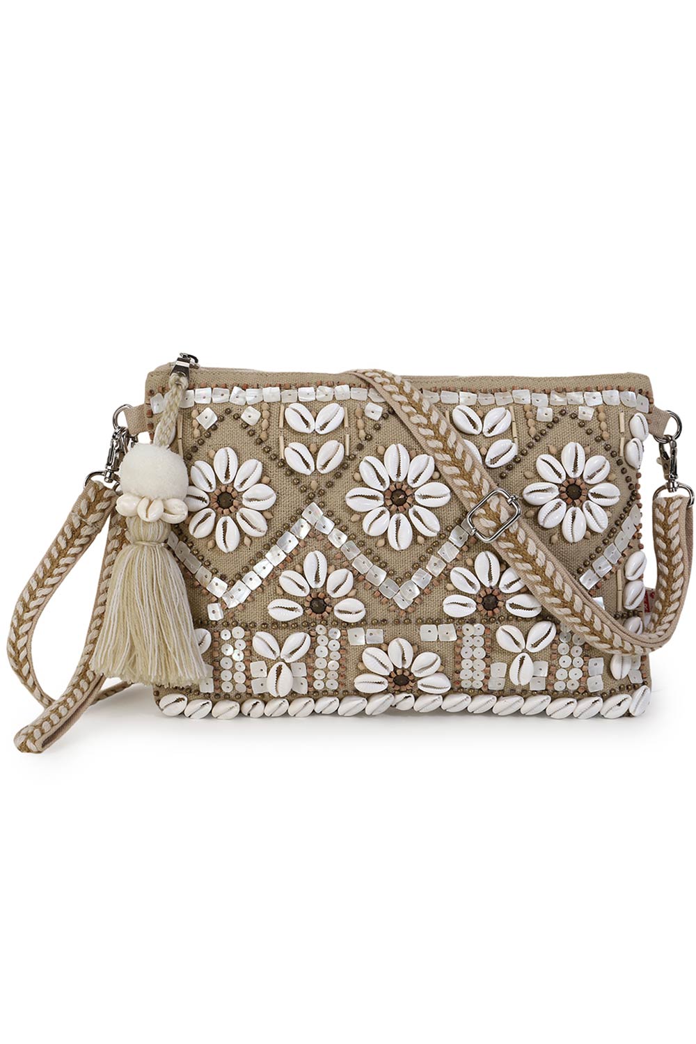 Boho Beige & White Cotton Jute & Canvas Boho Embellished Sling Bag