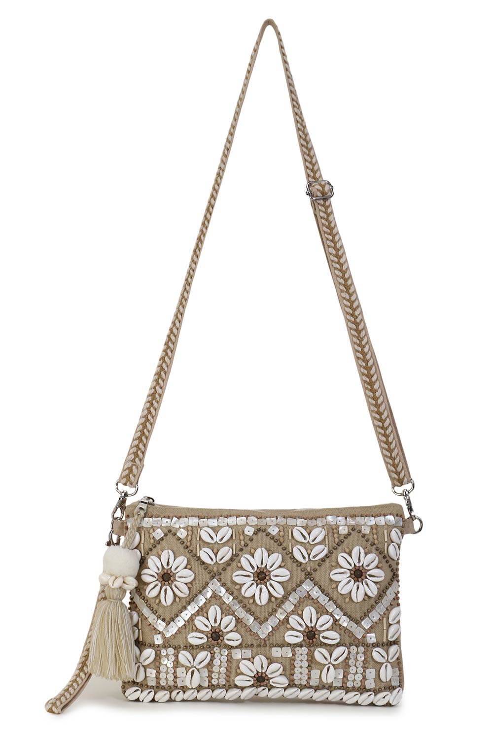 Boho Beige & White Cotton Jute & Canvas Boho Embellished Sling Bag