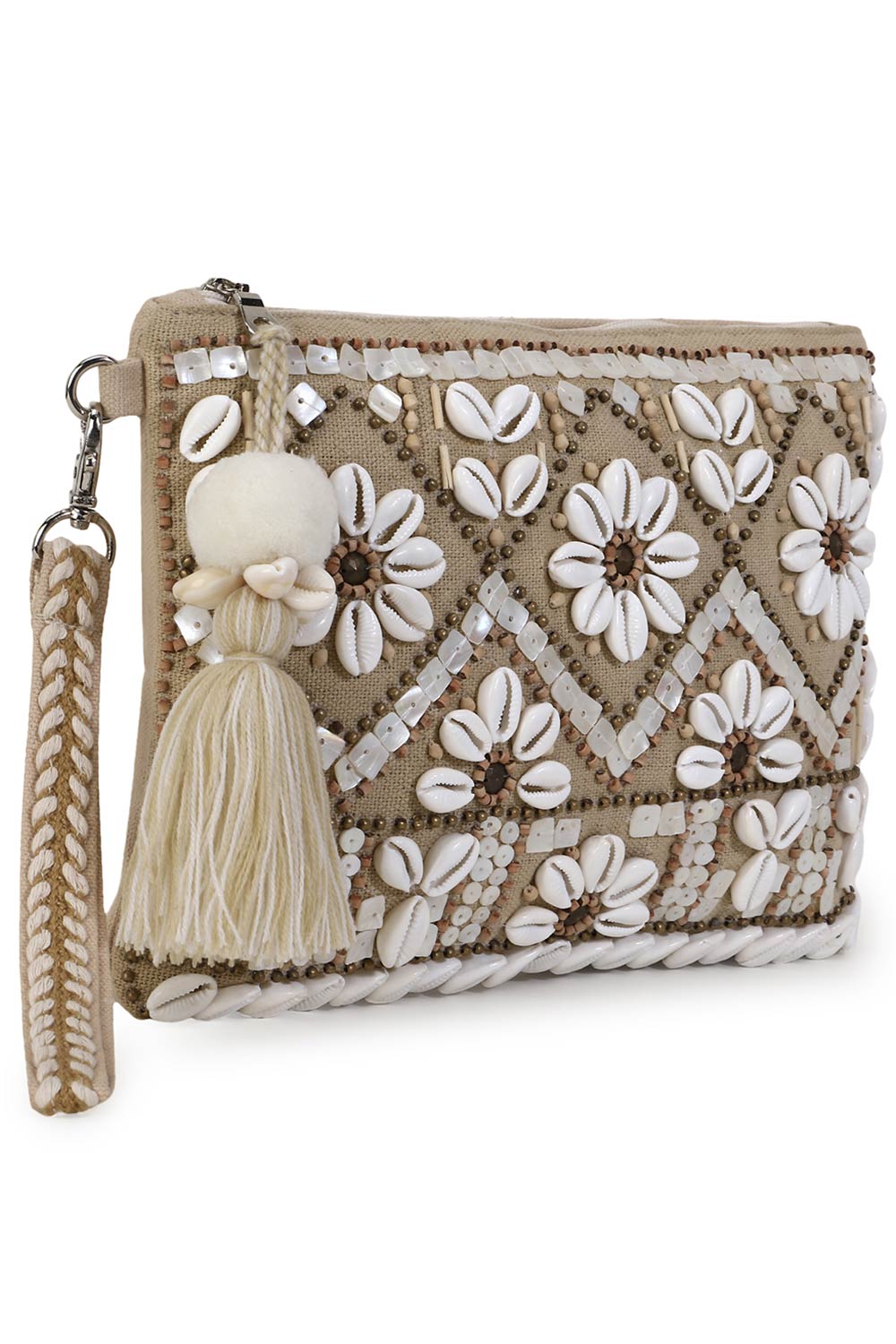 Boho Beige & White Cotton Jute & Canvas Boho Embellished Sling Bag