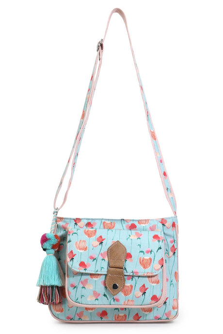 Rangoli Mint Green & Peach Polycotton Floral Digital Print Sling Bag