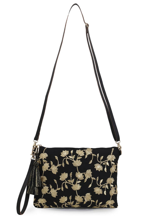 Lotus Black & Gold Faux Silk & Polyester Floral Emroidered Sling Bag