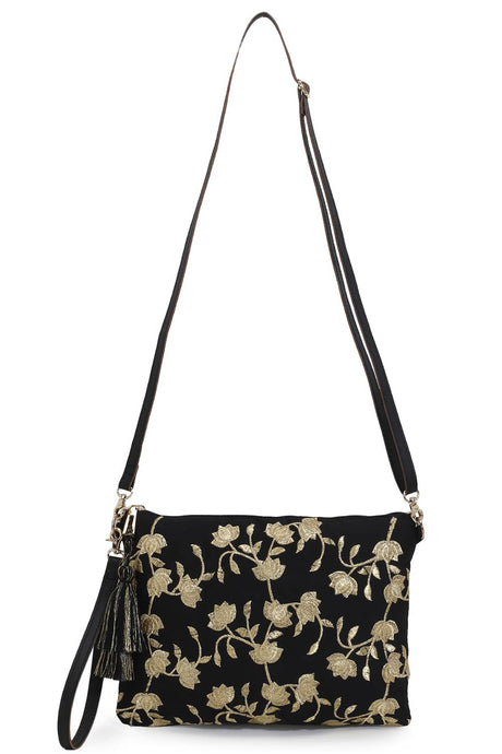 Lotus Black & Gold Faux Silk & Polyester Floral Embroidered Sling Bag