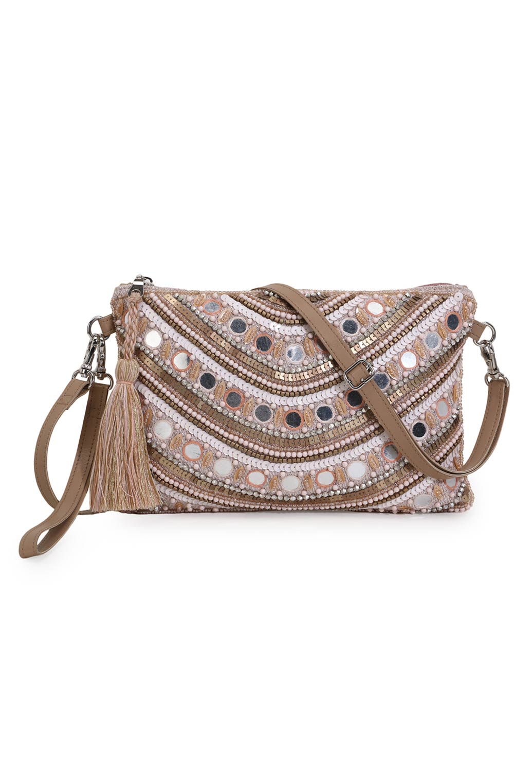 Pastel Pink Jacquard & Leather Ethnic Motifs Embellished Sling Bag