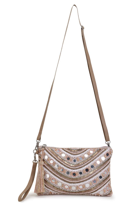 Pastel Pink Jacquard & Leather Ethnic Motifs Embellished Sling Bag