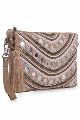 Pastel Pink Jacquard & Leather Ethnic Motifs Embellished Sling Bag