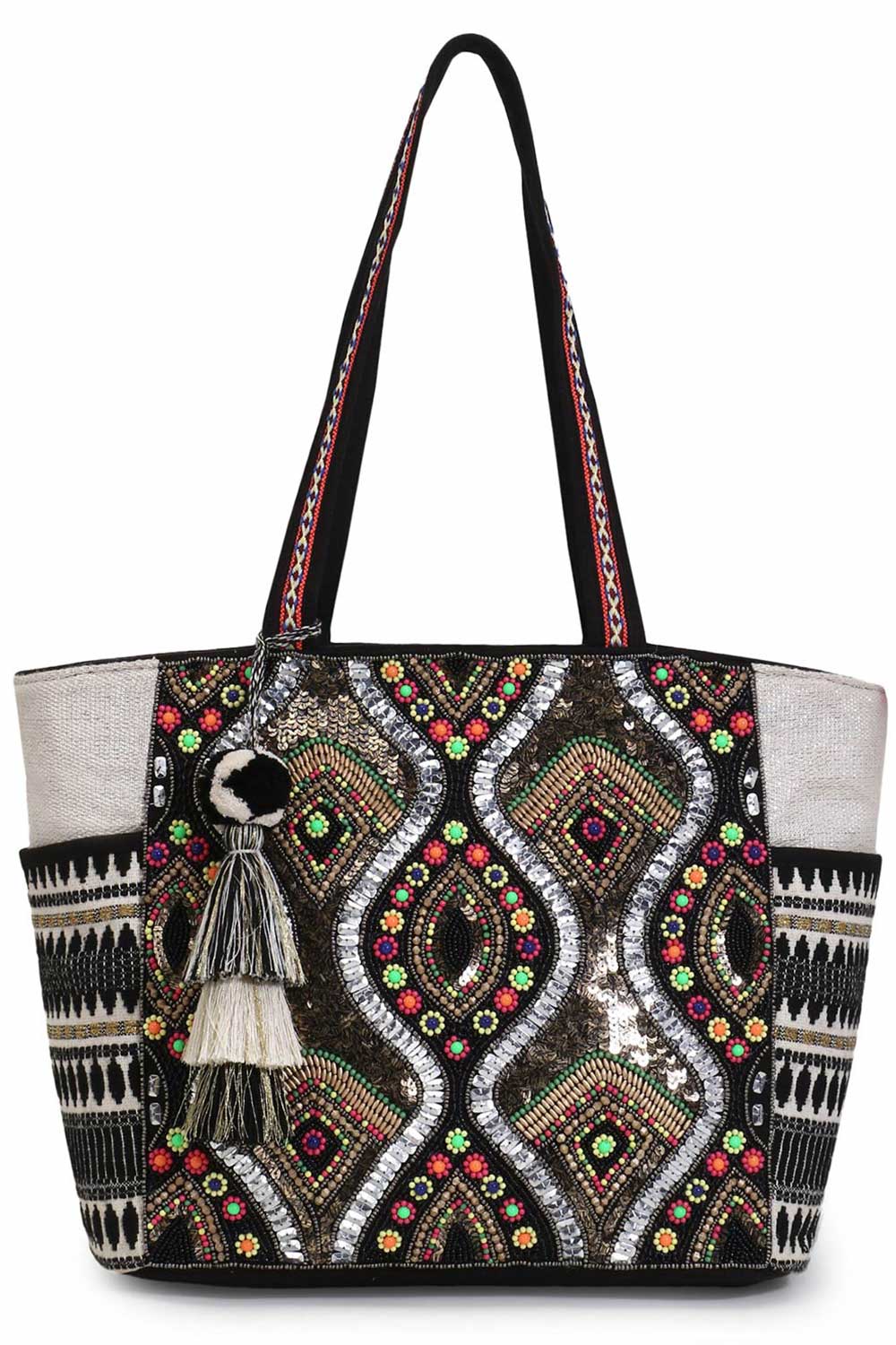 Black Acrylic Jacquard & Cotton Canvas Trellis Embellished Tote Bag