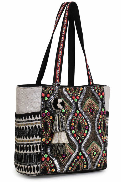 Black Acrylic Jacquard & Cotton Canvas Trellis Embellished Tote Bag