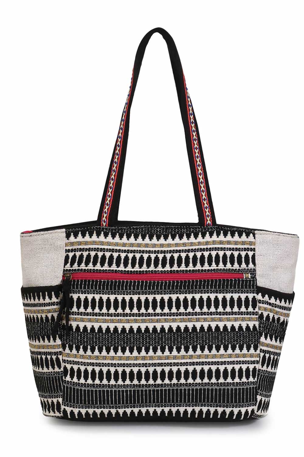 Black Acrylic Jacquard & Cotton Canvas Trellis Embellished Tote Bag