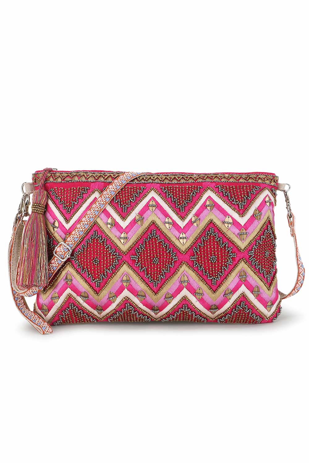 Pink And Copper Cotton Jacquard Tasseled Sling Bag