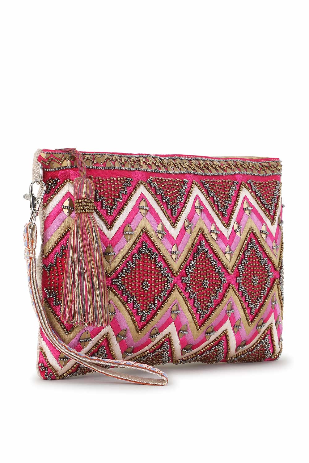 Pink And Copper Cotton Jacquard Tasseled Sling Bag