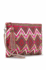 Pink And Copper Cotton Jacquard Tasseled Sling Bag