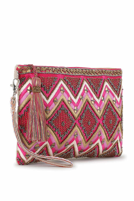 Pink And Copper Cotton Jacquard Tasselled Sling Bag