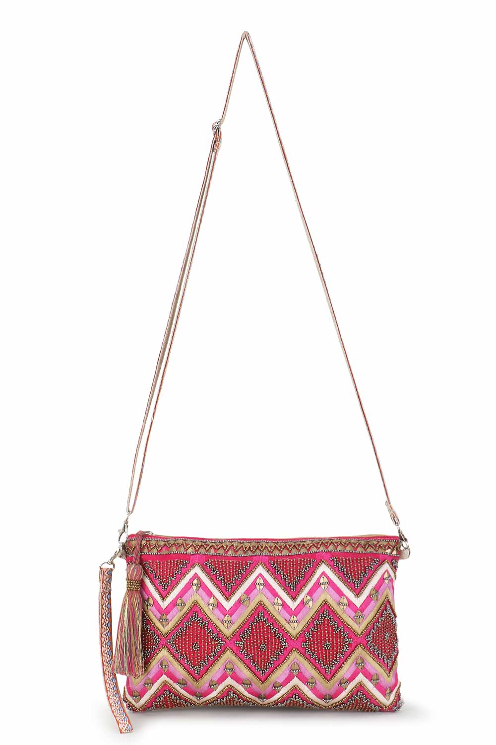 Pink And Copper Cotton Jacquard Tasseled Sling Bag