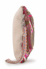 Pink And Copper Cotton Jacquard Tasseled Sling Bag