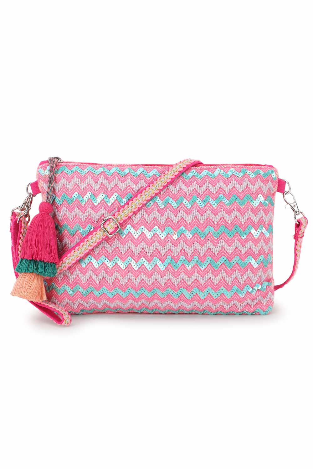 Pink And Multi Cotton Jacquard Tasseled Sling Bag