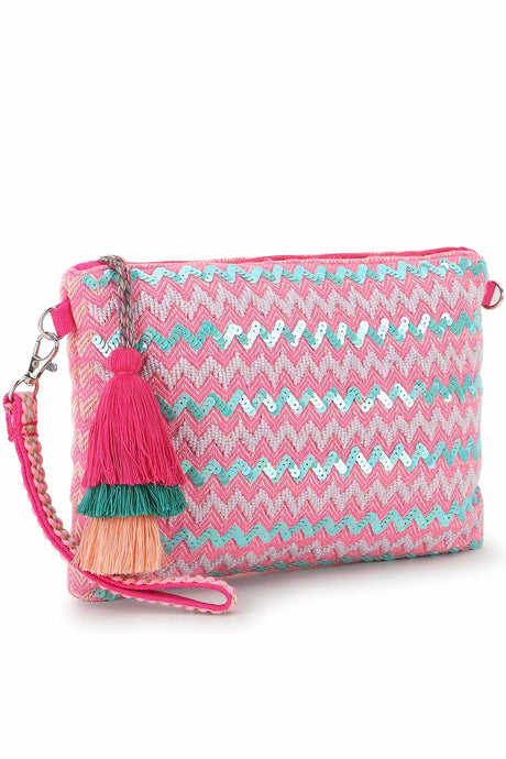 Pink And Multi Cotton Jacquard Tasselled Sling Bag