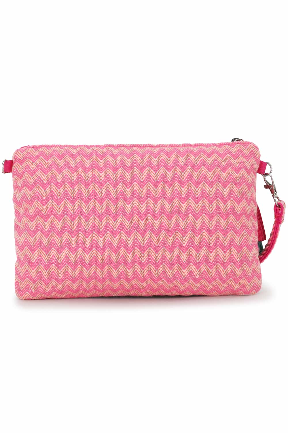 Pink And Multi Cotton Jacquard Tasseled Sling Bag