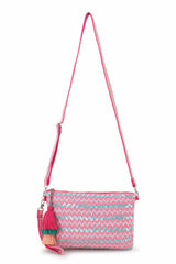 Pink And Multi Cotton Jacquard Tasseled Sling Bag