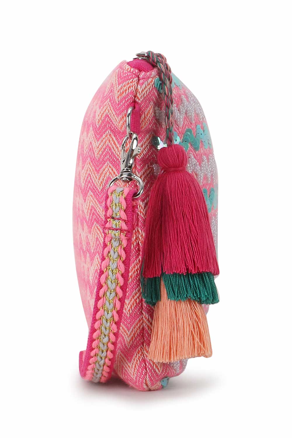 Pink And Multi Cotton Jacquard Tasseled Sling Bag