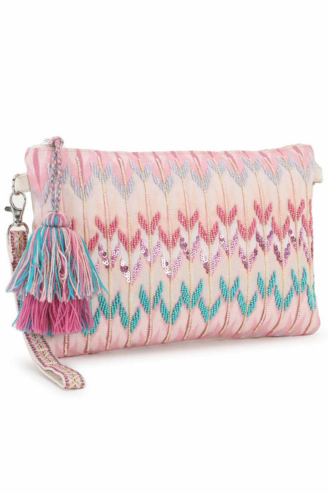 Pastel Pink And Multi Polycotton Tasselled Sling Bag