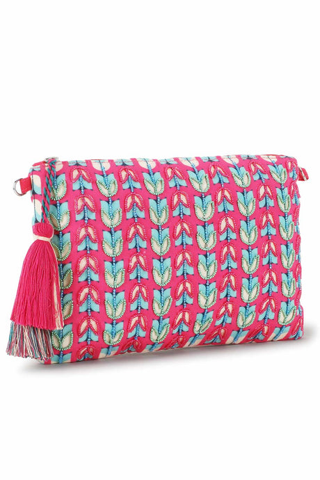 Pink And Multi Polycotton Tasselled Sling Bag