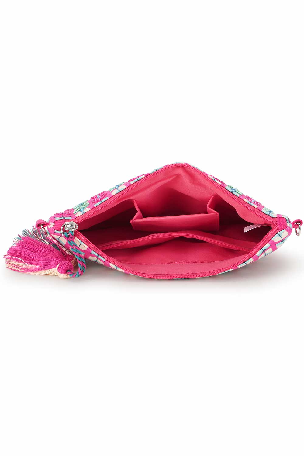 Pink And Multi Polycotton Tasseled Sling Bag