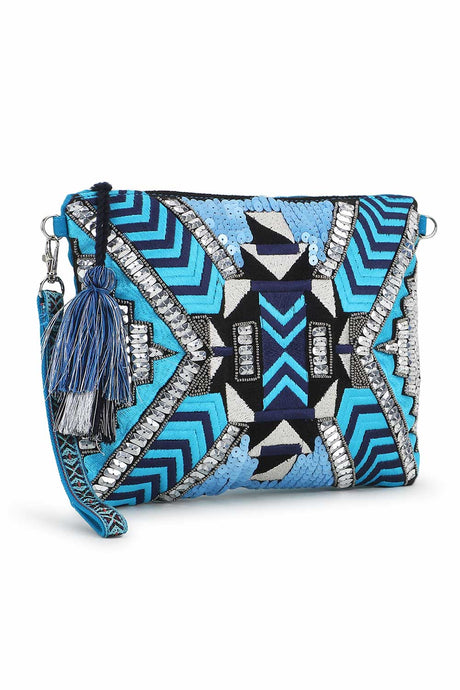 Turquoise Blue And Multi Cotton Jacquard And Canvas Tasselled Sling Bag