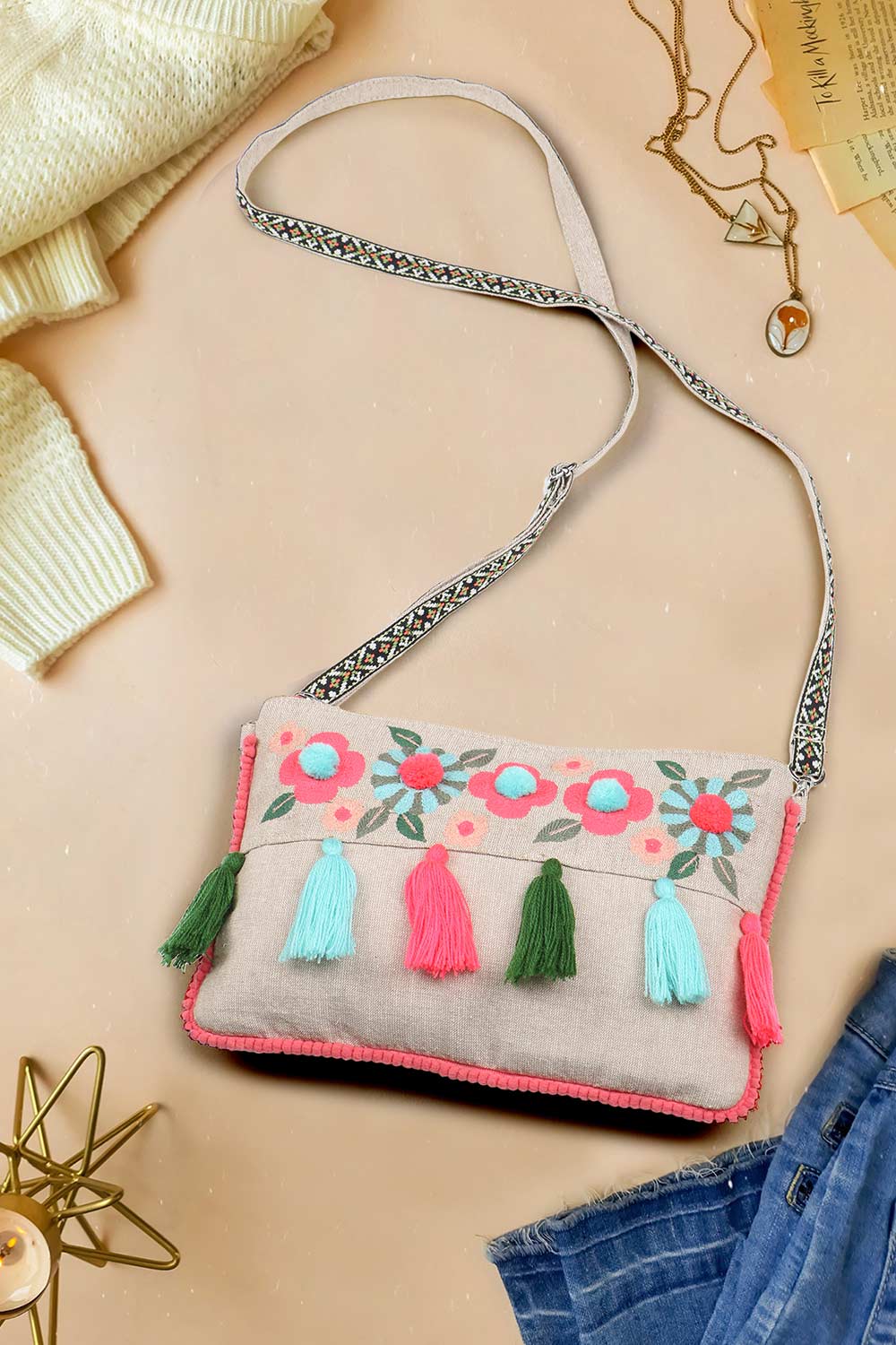 Boho Beige Canvas Floral Embroidered Sling Bag