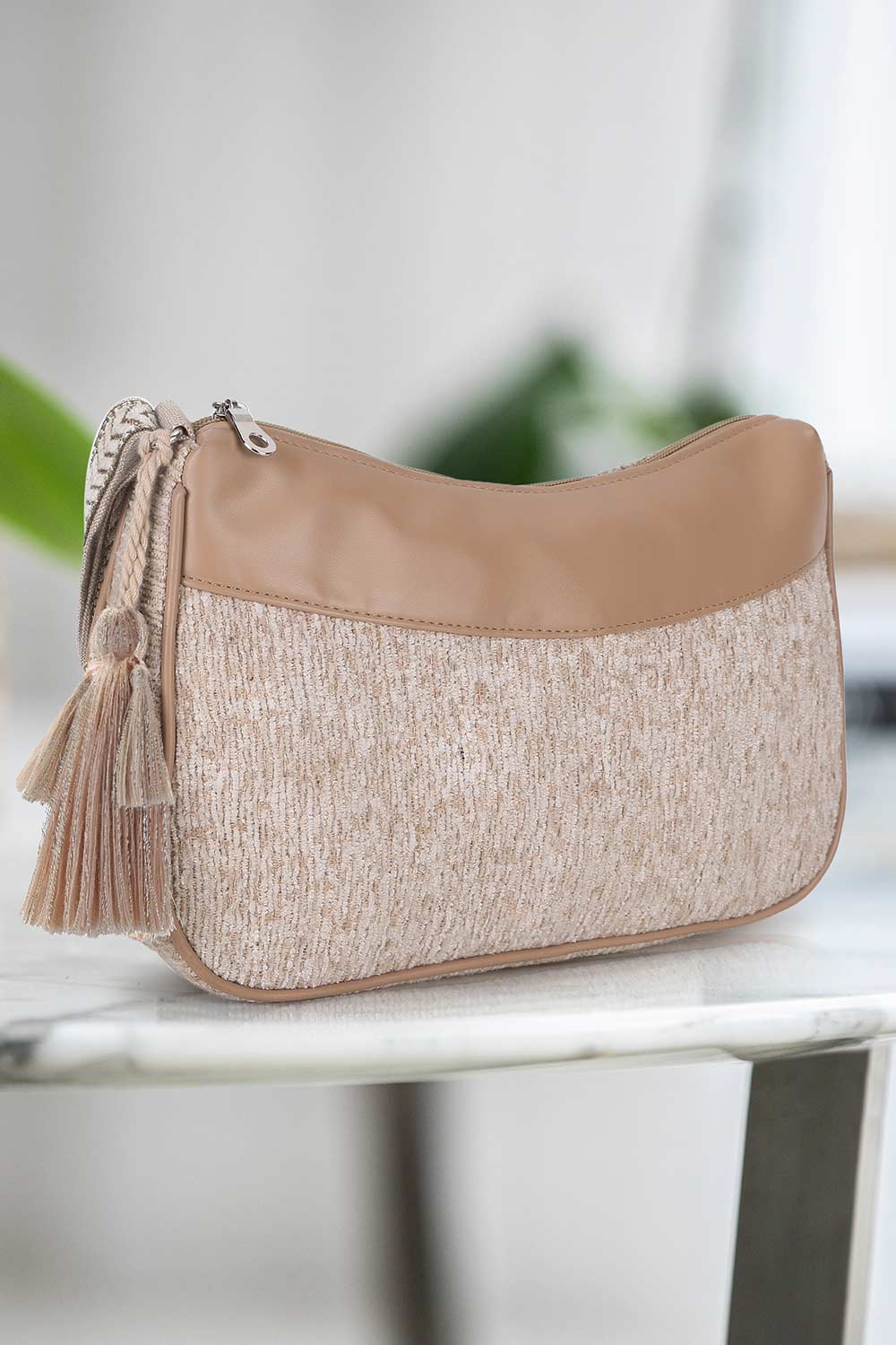 Classic Tan Cotton Canvas And Velvet Sling Bag