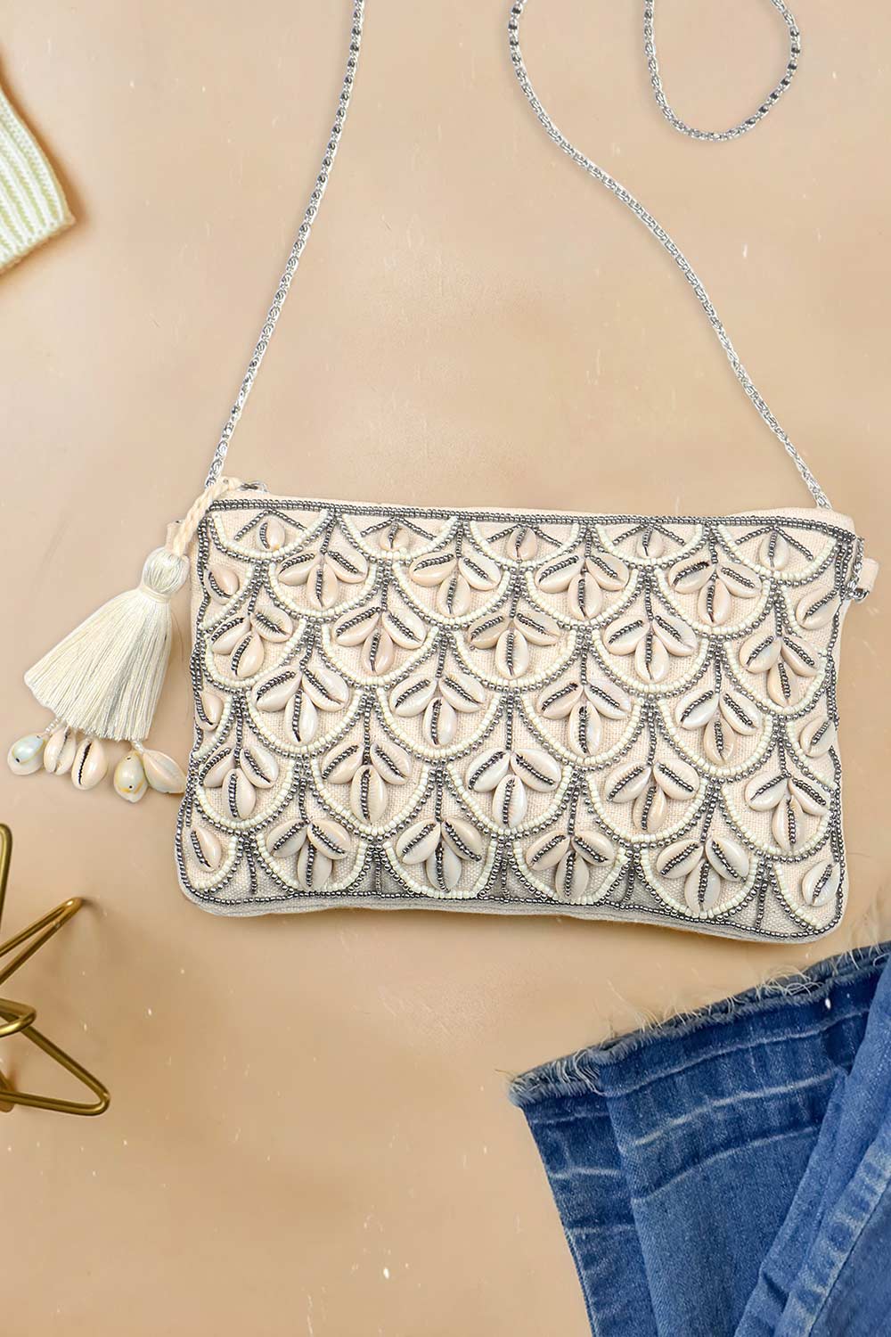 Boho Off White Canvas Seashell Embellished Sling Bag