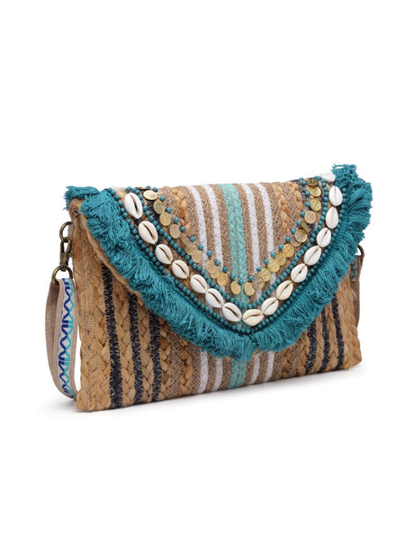 Sisal Baked Beige And Turquoise Blue Striped And Embellished Jute Sling Bag